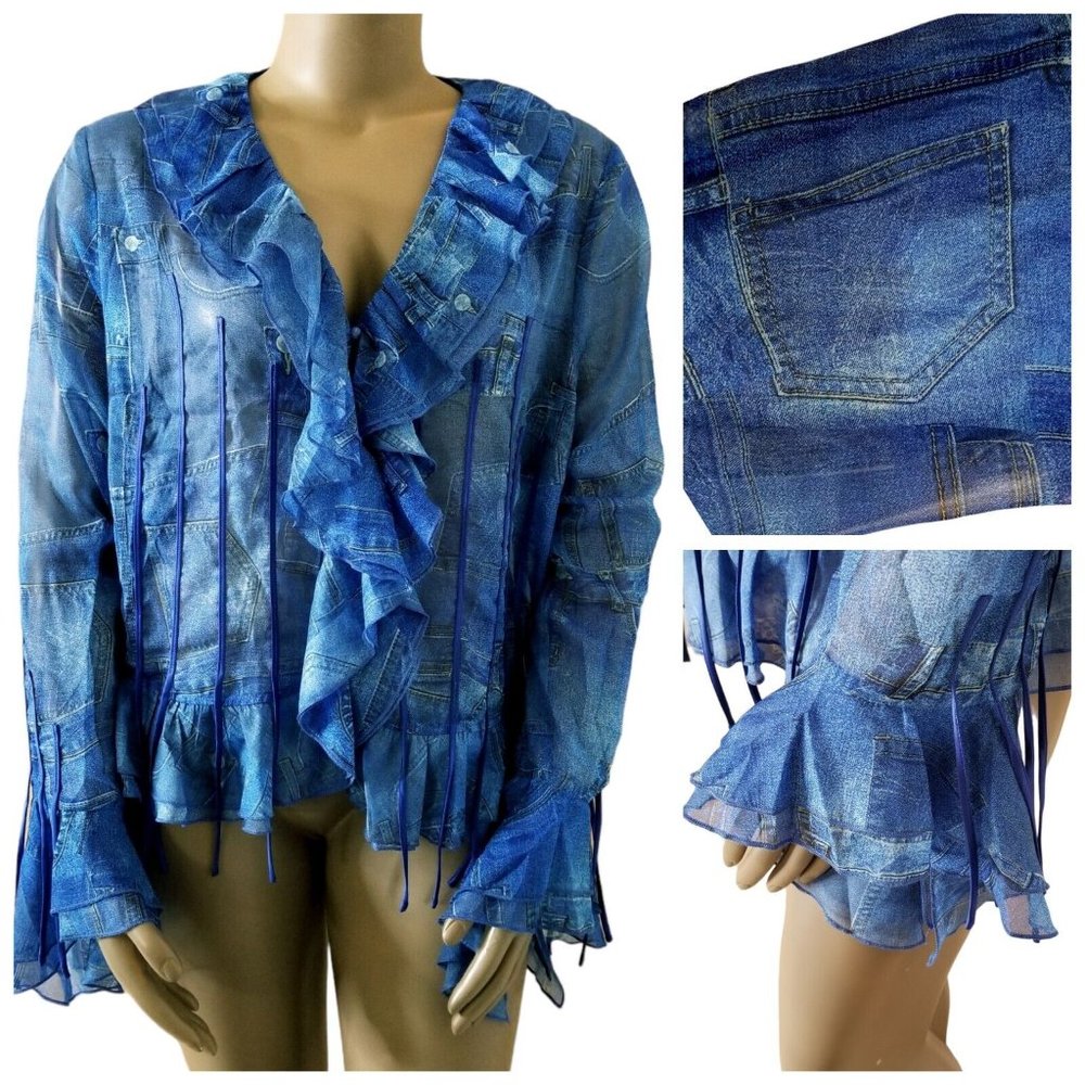 GENERATION KISS Ruffled Fringe Denim Print Chiffon Blouse Womens 3X Blue NWT